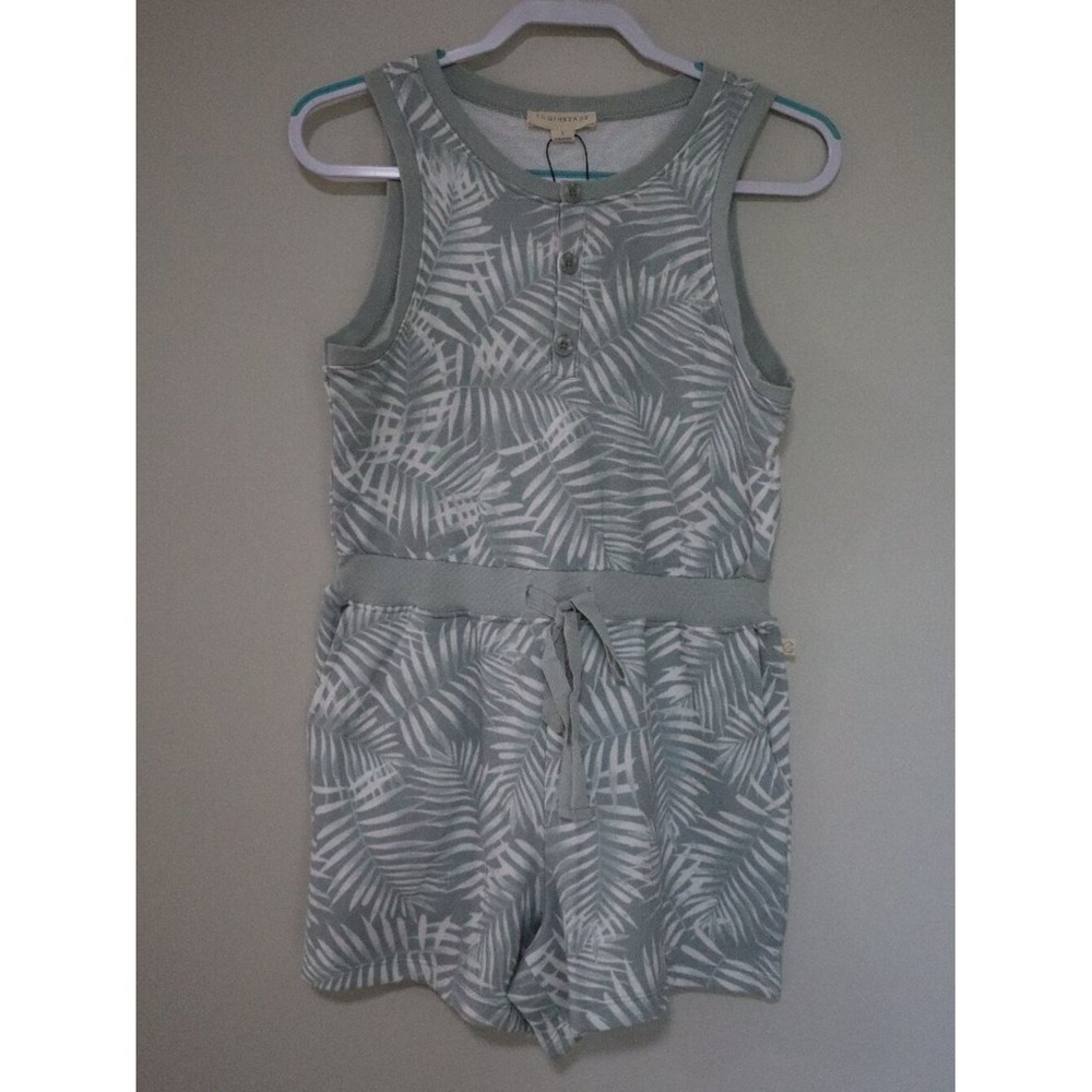 Tropical Summer Beach EcoThreads Romper S Sage Green Palm Leaf Henley Boho - Picture 1 of 10